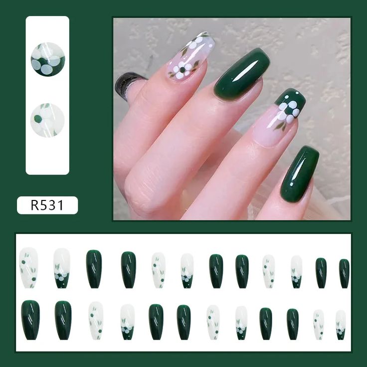 Sophisticated Nail Design: Deep Green and Sheer White with Botanical-Inspired Details