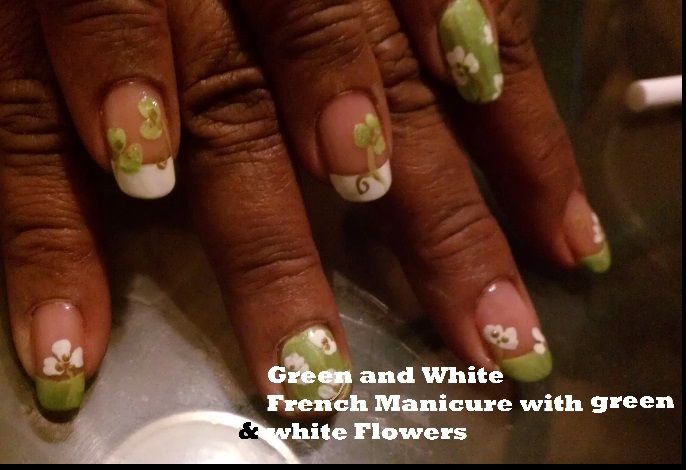 Elegant Green and White French Manicure with Delicate Floral Accents