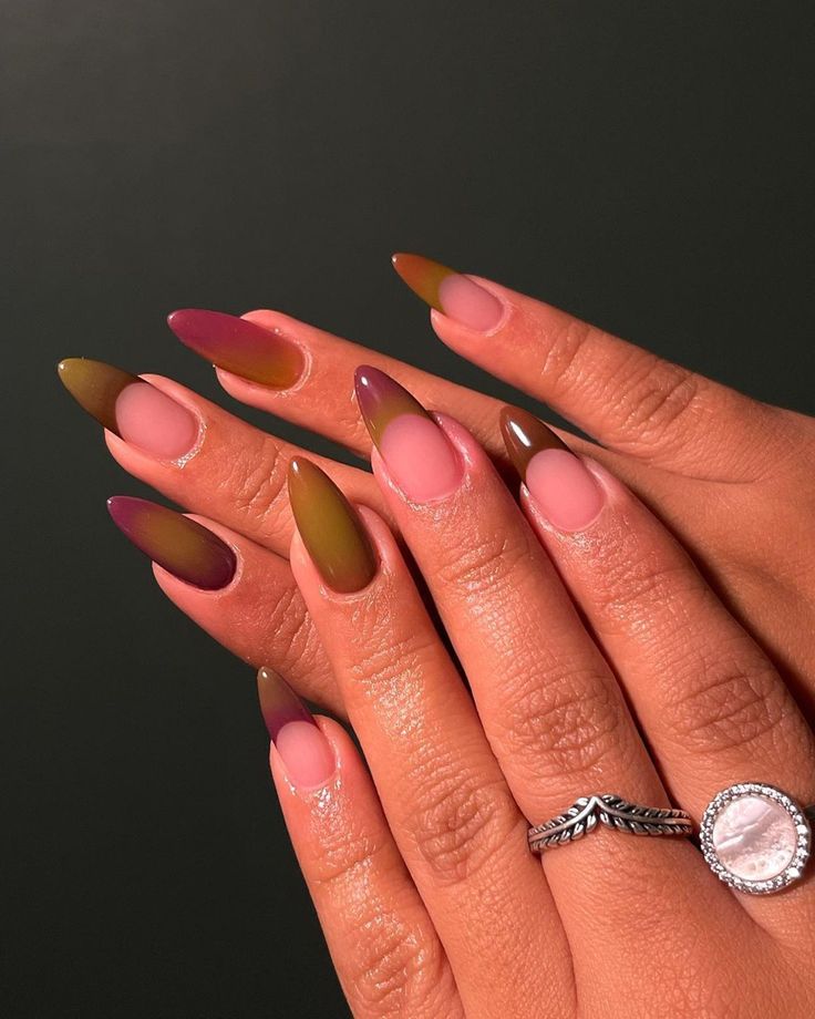 Elegant Ombre Nail Design with Earthy Gradient and Pointed Shape