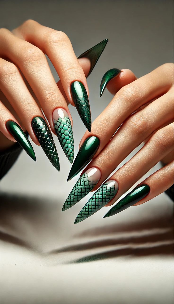 Captivating Green Stiletto Nails with Edgy Snake Skin Patterns and Glossy Textures.