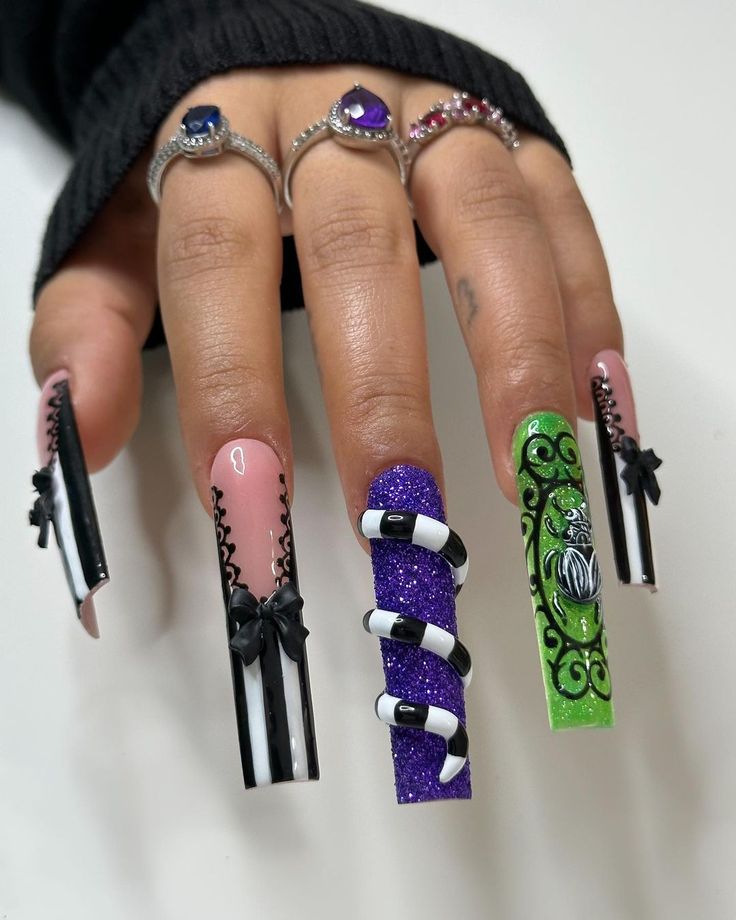 Bold Coffin-Shaped Nail Design with Unique Colors, Patterns, and Edgy Accents.