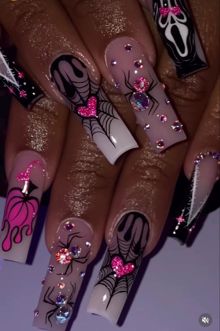 Vibrant Halloween Nail Design with Spooky Patterns and Playful Accents