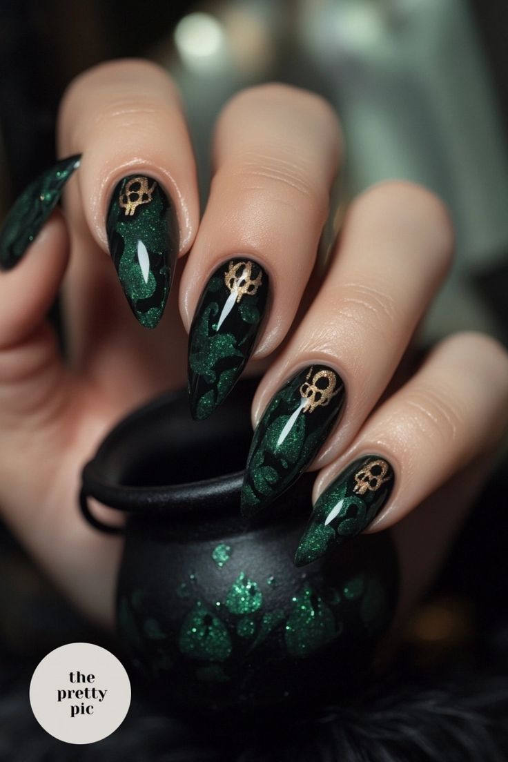 Luxurious Glamorous Green Nail Design with Glossy Finish and Intricate Gold Accents.