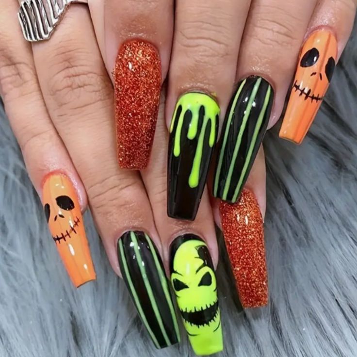 Vibrant Halloween Nails: A Playful Mix of Colors, Glitter, and Whimsical Designs.