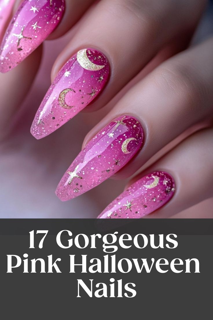 Whimsical Pink Halloween Nails with Sparkly Gradient Accent Design