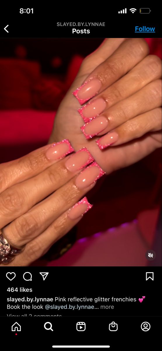 Chic Pink Glitter Almond French Manicure: A Trendy Glam Touch for Any Occasion.