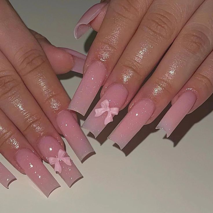 Chic Gradient Pink Acrylic Nails with Bows: Elegant Glamour for Any Occasion