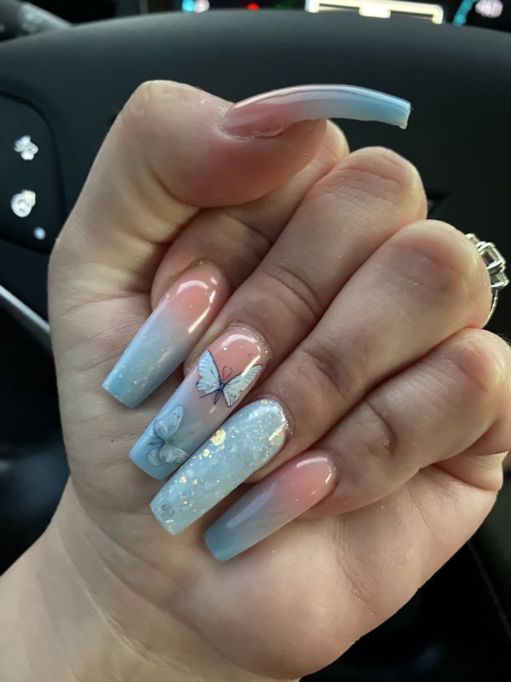 Whimsical Pastel Butterfly Nail Art with Dreamy Gradient and Sparkling Accents