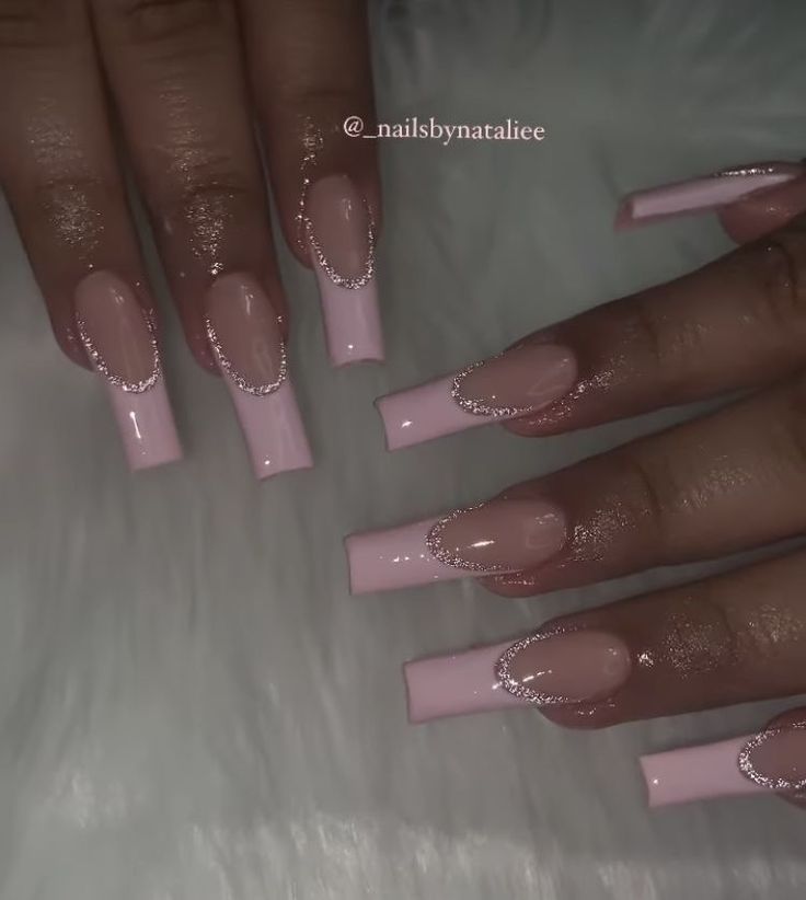 Chic Elegant Nail Design: Glossy Pink and Nude with Silver Accents