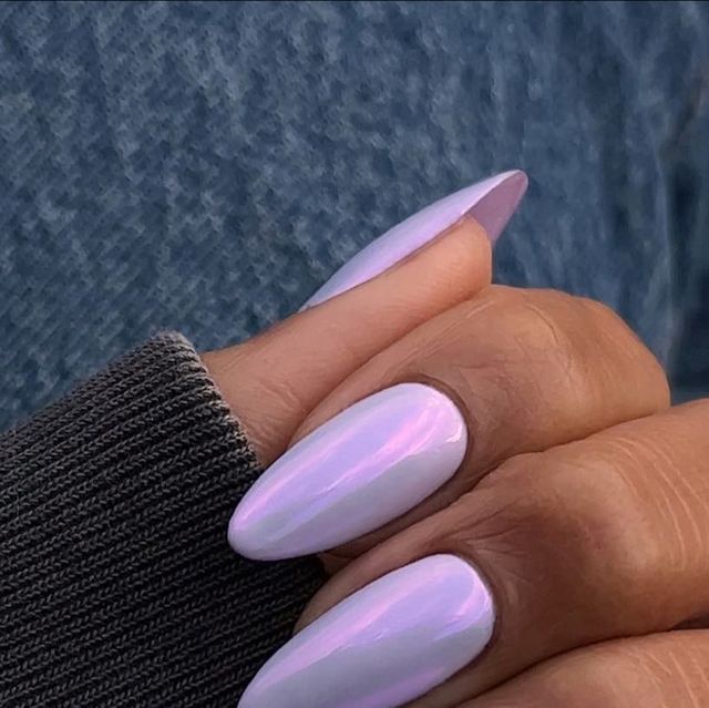 Chic Iridescent Lavender Nail Design with Elegant Almond-Shaped Tips.