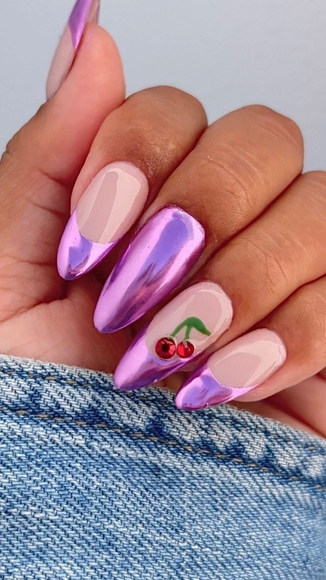 Vibrant Nail Design with Purple Metallic Tips and Whimsical Cherry Illustration