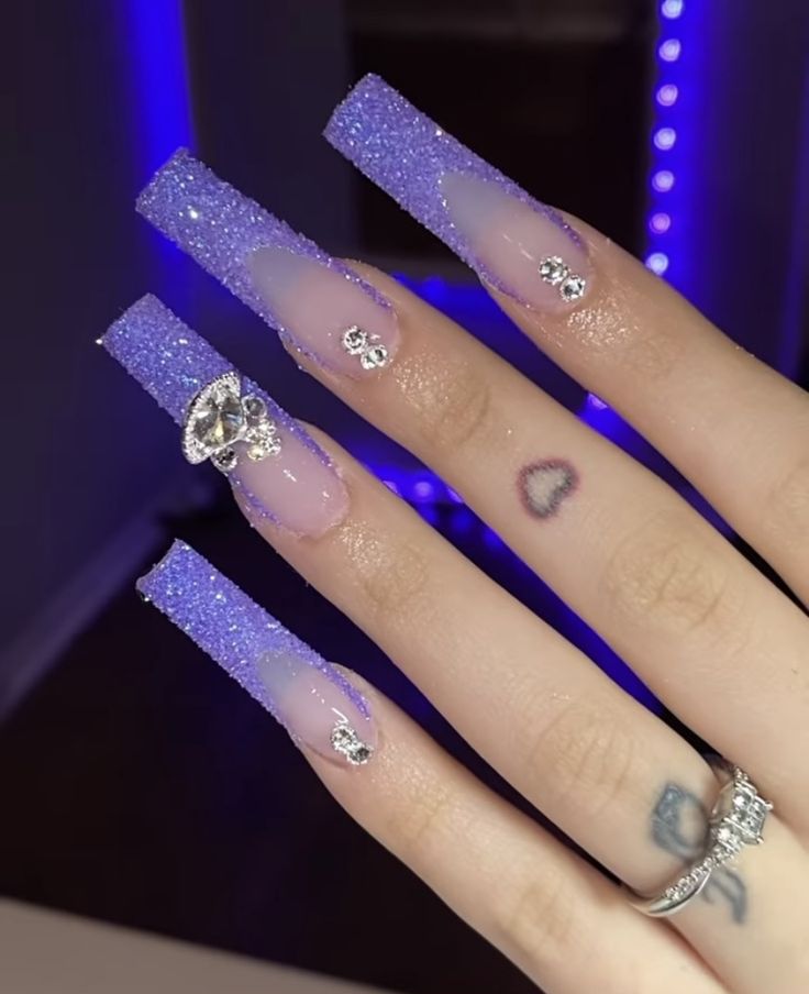 Chic Long Square Acrylic Nails with Purple Glitter and Rhinestone Accents