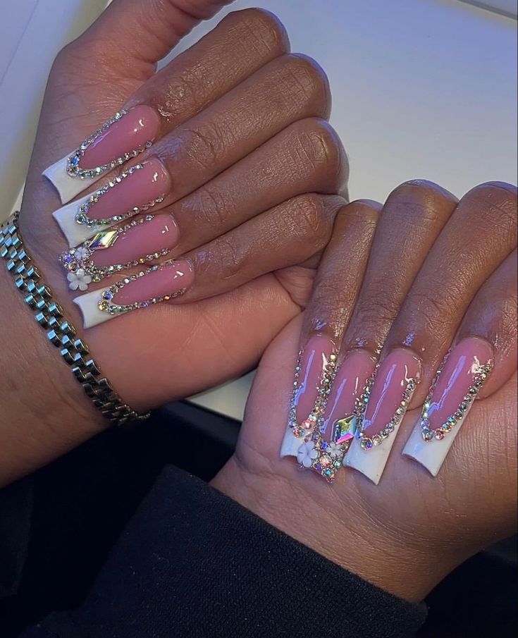 Chic Elegant Nails: Soft Pink and White Tips with Rhinestones and Floral Accents