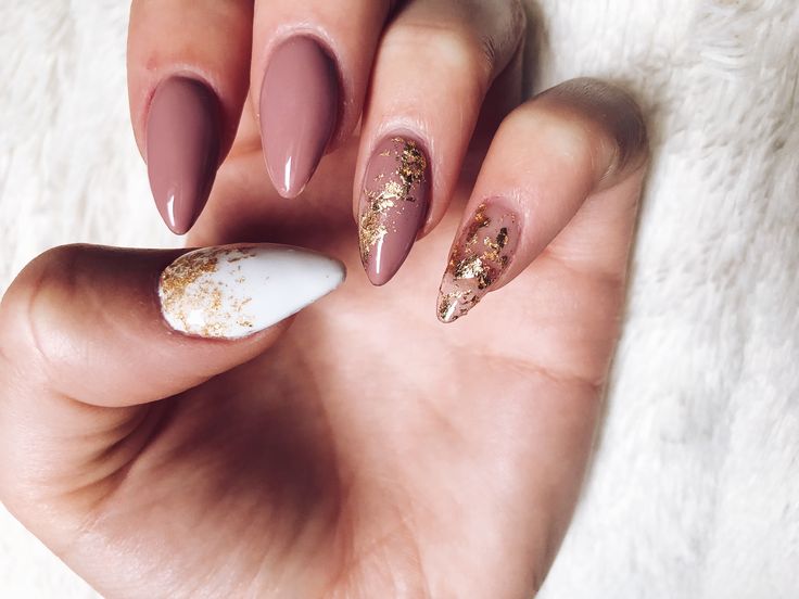 Elegant Almond-Shaped Nail Design with Matte Mauve, Glossy White, and Gold Leaf Accents.