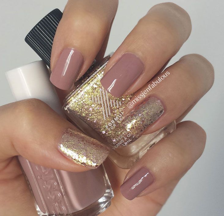 Sophisticated Soft Mauve Nails with Striking Gold Glitter Accent.