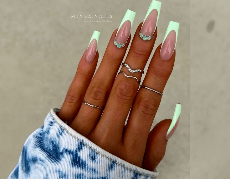 Pastel Acrylic Nails: Mint Green Tips with Rhinestone Accents for Elegant Modern Style