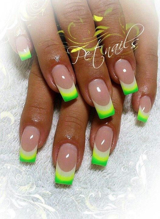 Vibrant Green and Yellow Ombre Nail Design: A Trendy Summer Statement.