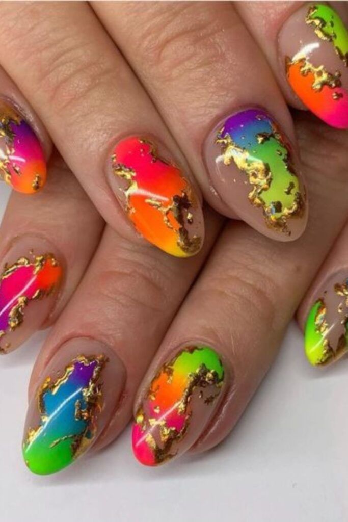 Chic Neon Nail Design with Elegant Gold Accents for a Bold Statement