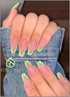 Elegant Almond-Shaped Nails with Striking Neon Green French Tips