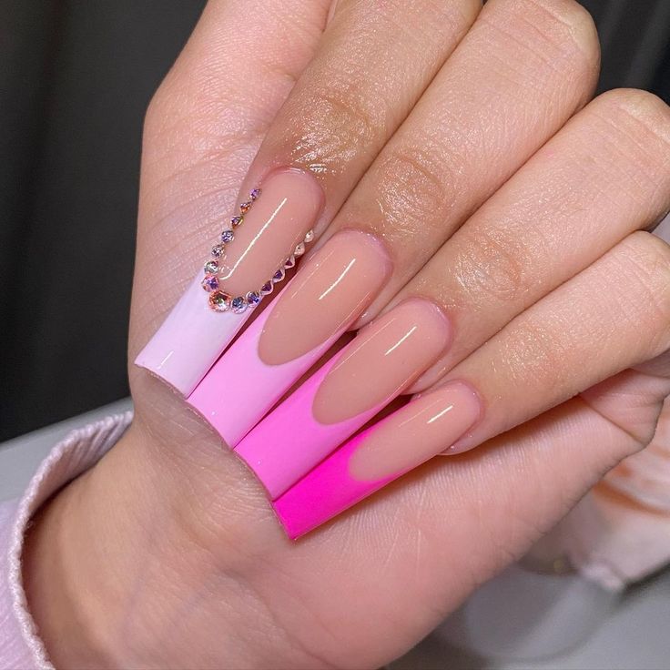 Chic Ombre Nail Design: Soft to Vibrant Pink with Rhinestone Accents