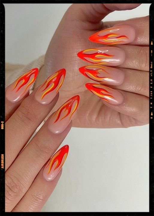 Bold Flame-Inspired Nail Design with Vibrant Orange and Red Gradient on Almond-Shaped Nails