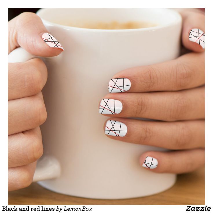 Chic Geometric Nail Design: White Base with Bold Black and Red Lines for Effortless Elegance