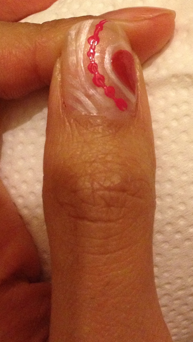 Charming Romantic Nail Design with Soft White Swirls and Vibrant Pink Accents