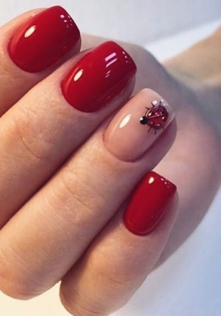 Chic Contrast: Vibrant Red Nails with Playful Ladybug Accent.