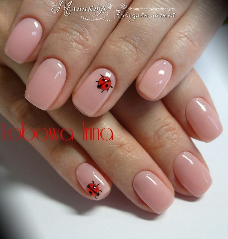 Charming Ladybug Accented Elegant Nude Nail Design with Glossy Finish