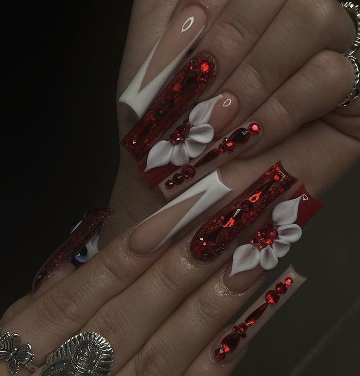 Bold Red and White Floral Manicure with 3D Flower Designs and Sparkling Gems