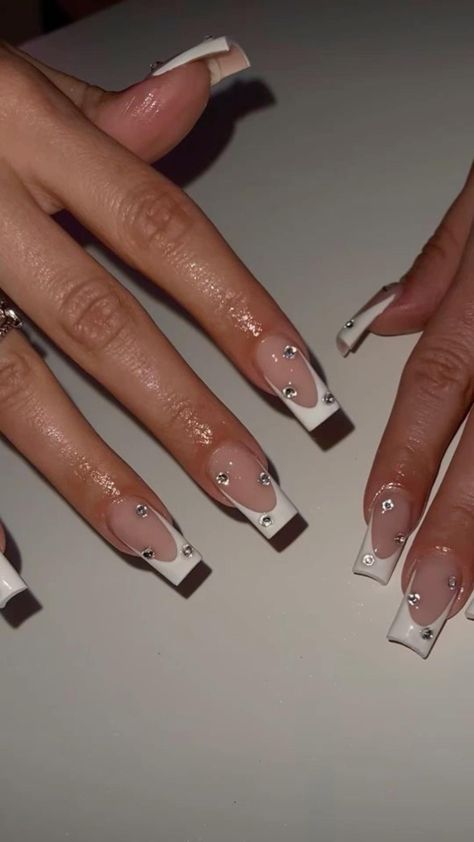 Sleek French Manicure with Rhinestones: A Timeless Glamorous Design