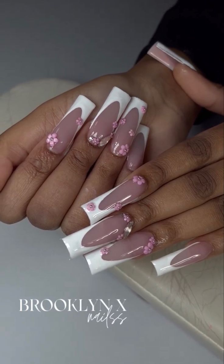 Chic Floral Nail Design with Long Square Tips in Soft Pink and White.