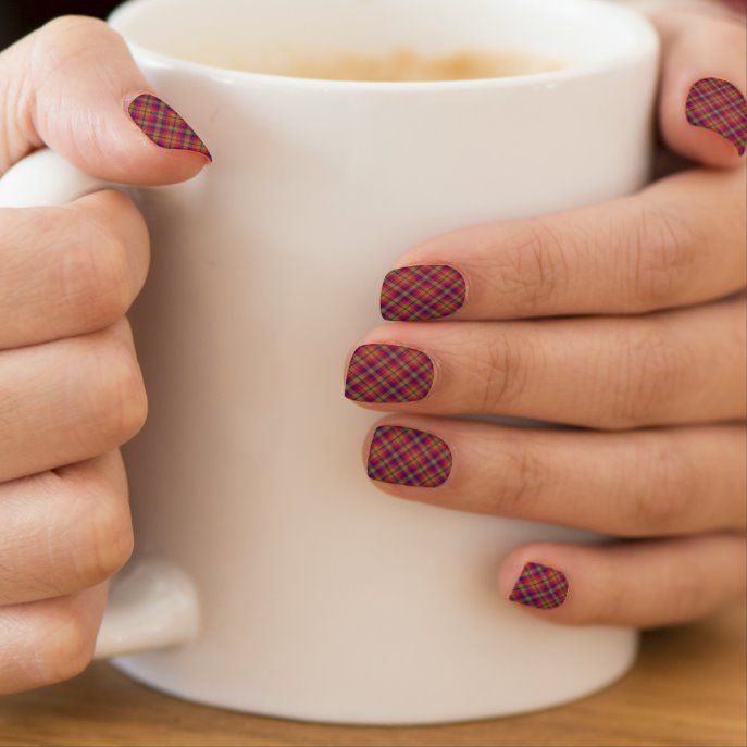 Stylish Plaid-Patterned Nails with Deep Burgundy and Vibrant Accents