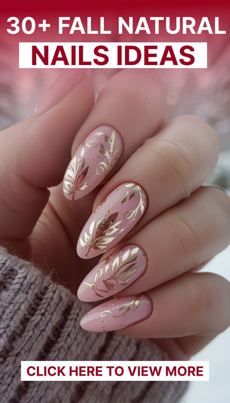 Sophisticated Fall Nail Design: Soft Pink Base with Intricate Gold Leaf Patterns.