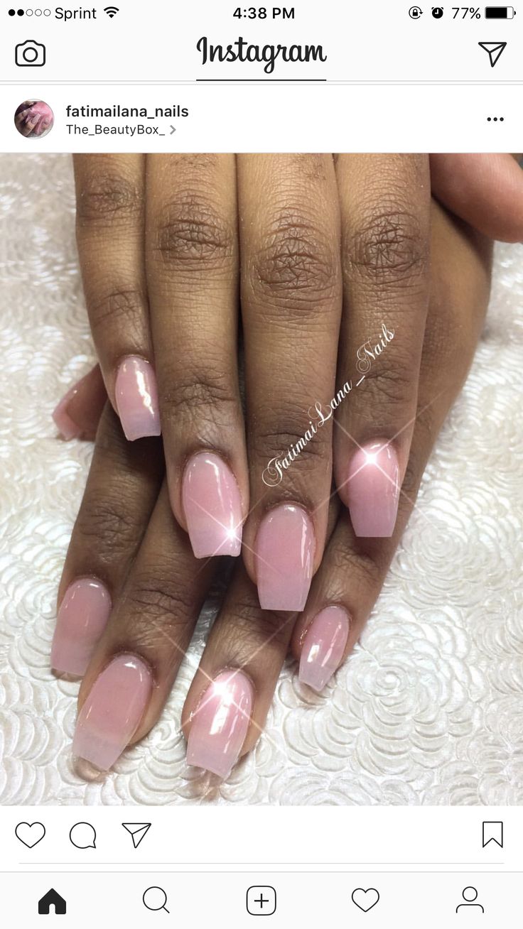 Chic Soft Pink Glossy Nail Design with Modern Square Shape and Subtle Shimmer.