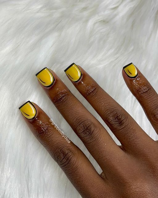 Striking Nail Art: Vibrant Yellow with Sleek Black Outlines for a Bold, Modern Look