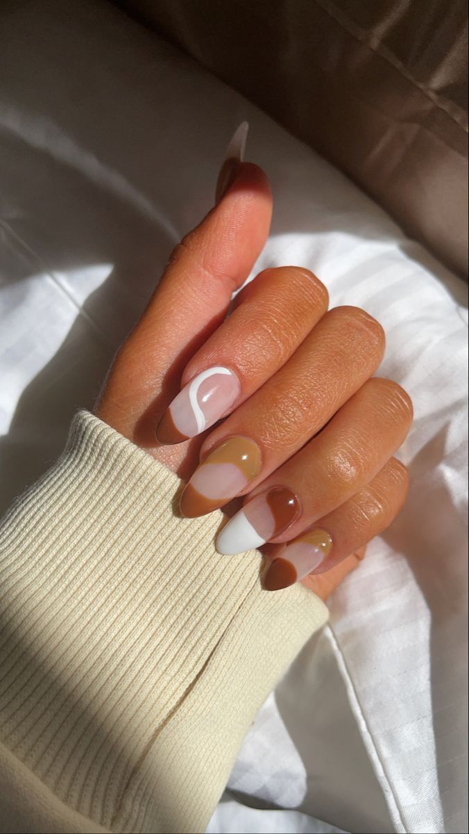 Chic Geometric Nail Design with Neutral Tones and Glossy-Matte Finishes