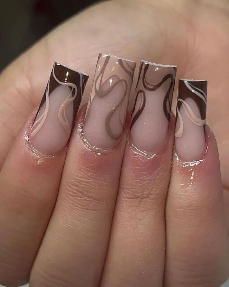 Sophisticated Nail Design: Swirling Neutral and Earthy Colors with Modern Square Tips.