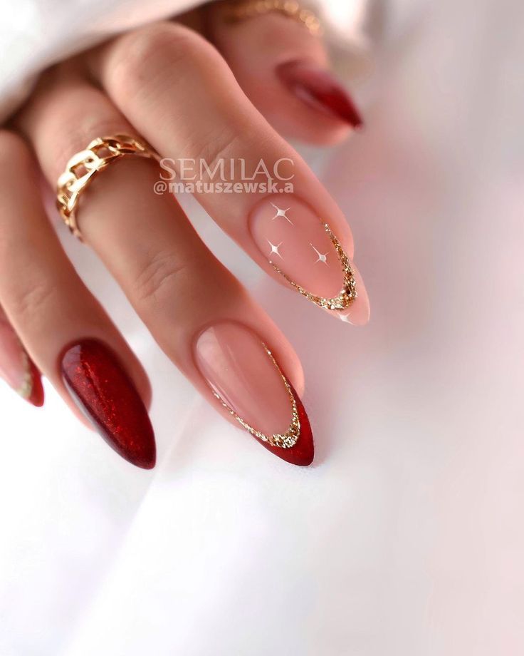 Chic Elegant Nail Design: Glossy Burgundy and Soft Nude with Gold Accents