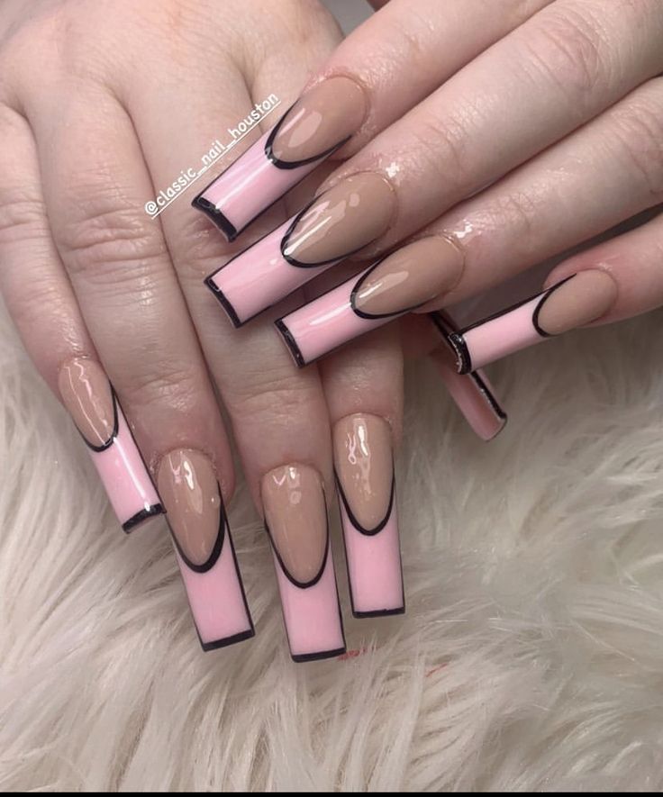 Chic Modern French Nails with Soft Pink and Nude Shades Accented by Black Tips