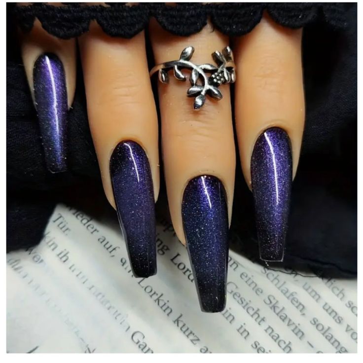 Elegant Long Nails with Deep Purple Holographic Polish and Gradient Effect.