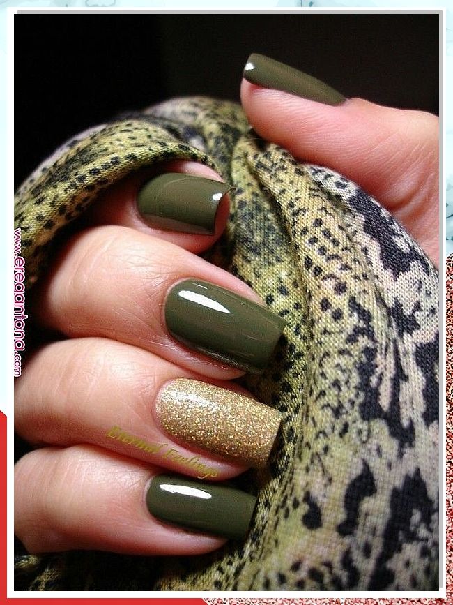 Chic Deep Olive Green Nail Design with Sparkling Gold Accent for Elegant Sophistication.