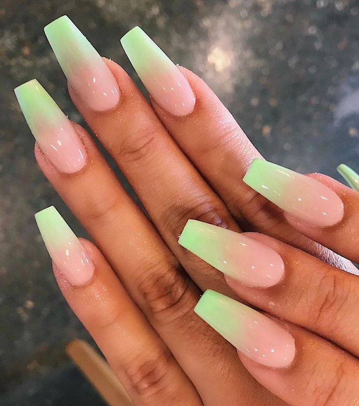 Vibrant Ombre Nail Design: Soft Pink to Mint Green Gradient.