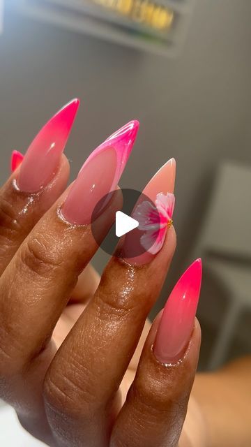 Stunning Stiletto Nail Design with Gradient Pink-Magenta and Whimsical Floral Accents