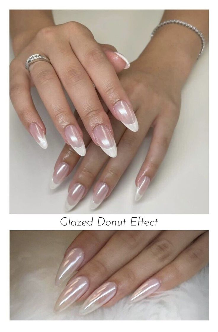 Chic Glazed Donut Nail Design: Translucent Base with Glossy Pink and White Tips.