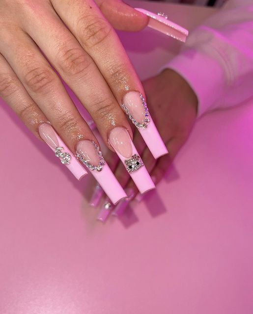 Chic Soft Pink Long Square Nails with Rhinestones and Gel Finish