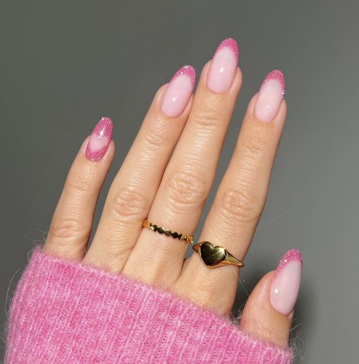 Chic Pink Glitter Gradient French Tip Nails for a Modern Elegance.