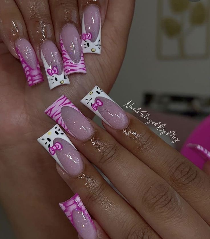 Trendy Pink and White Nail Design with Hello Kitty and Zebra Stripes