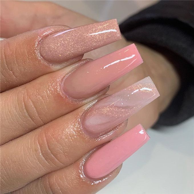 Elegant Gradient Soft Pink Nail Design with Glossy Finishes and Shimmer.