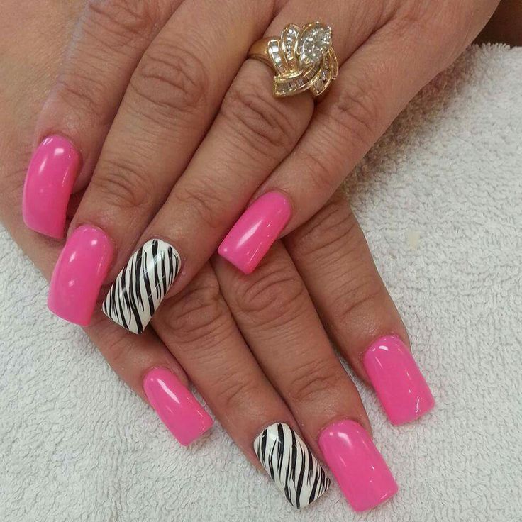 Bold Vibrant Pink Nails with Eye-Catching Zebra-Striped Accent for a Statement Manicure.